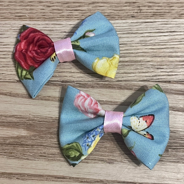 Blue Floral Fabric Mini Hair Bows