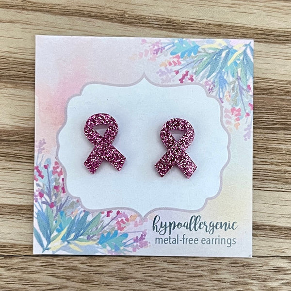 Glitter Pink Ribbon Awareness Earrings