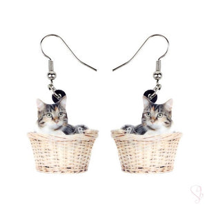 Cute Cat in the Basket Drop Earrings