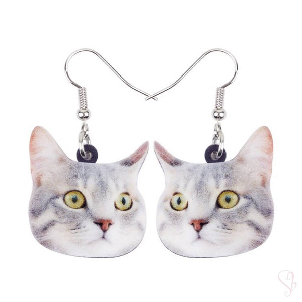 Gray Tabby Cat Face Drop Earrings