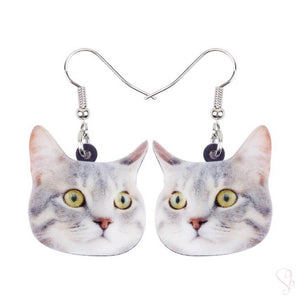 Gray Tabby Cat Face Drop Earrings