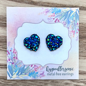 Blue Druzy Heart Earrings