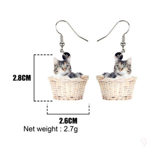 Cute Cat in the Basket Drop Earrings