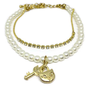 Kitty Lock Charm Pearl Bracelet