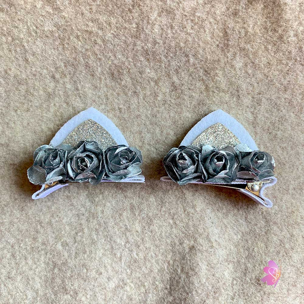 Silver Rose Glittered Cat Ear Clips