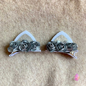 Silver Rose Glittered Cat Ear Clips