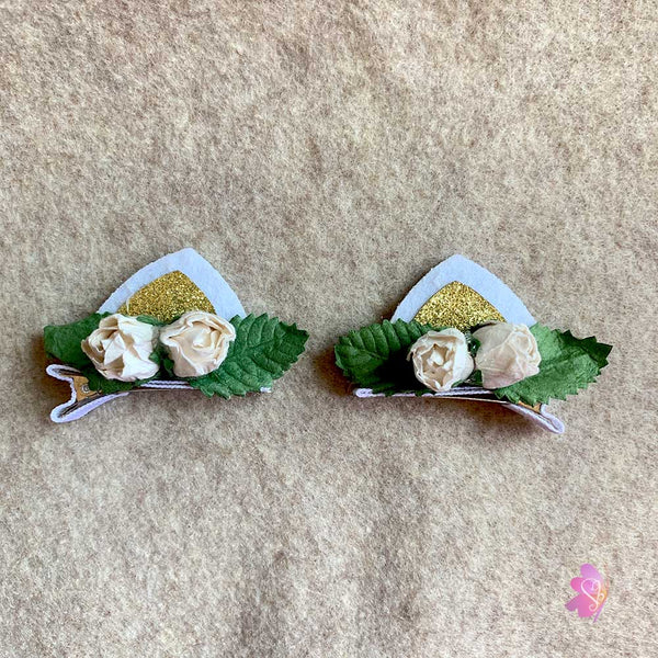 White Rose & Gold Glittered Cat Ear Clips