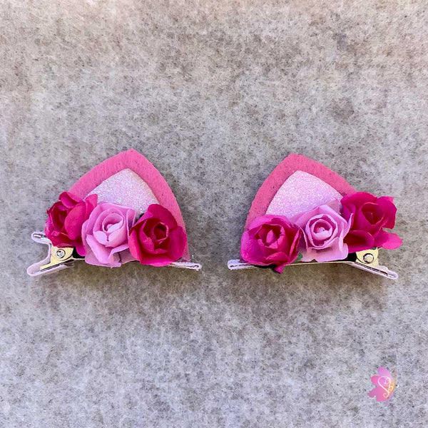 Pink Rose Glittered Cat Ear Clips