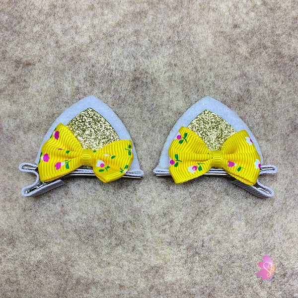 White & Gold Glittered Cat Ear Clips