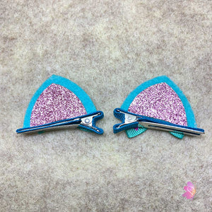 Aqua & Pink Glittered Cat Ear Clips