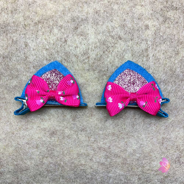 Blue & Pink Glittered Cat Ear Clips