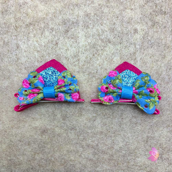 Fuchsia & Blue Glittered Cat Ear Clips