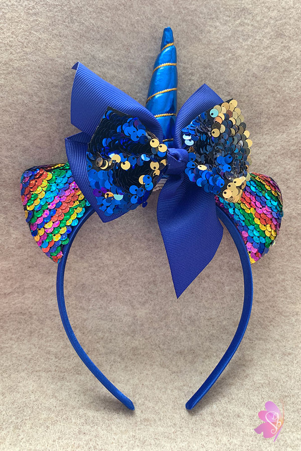 Blue & Rainbow Unicorn Sequins Bow Headband