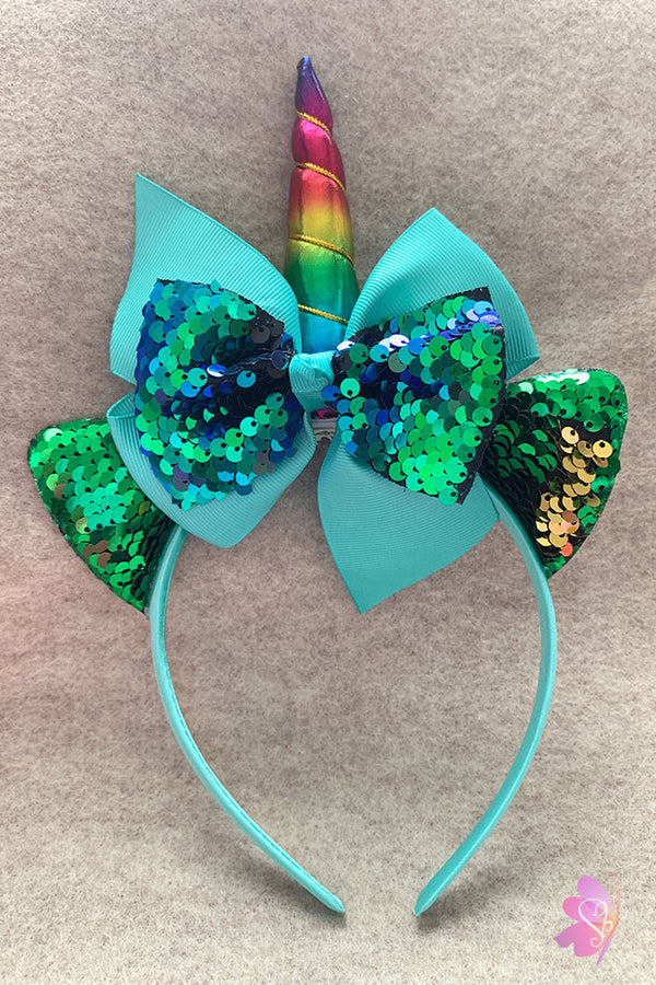 Aqua & Green Unicorn Sequins Bow Headband