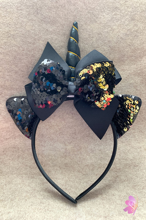 Black & Gold Unicorn Sequins Bow Headband