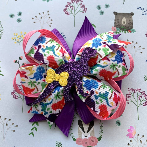 dinosaur hair bow, purple dinosaur, handmade hair bow