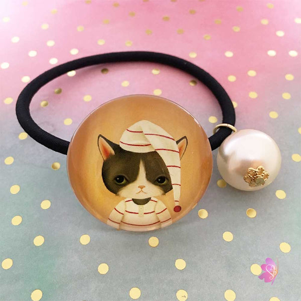 Sleepy Cat Cabochon Elastic Hair Tie