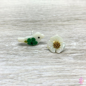 Carved Pearl Bird & Flower Post Earrings