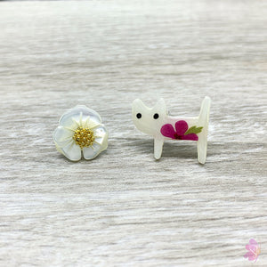 Carved Pearl Cat & Flower Post Earrings