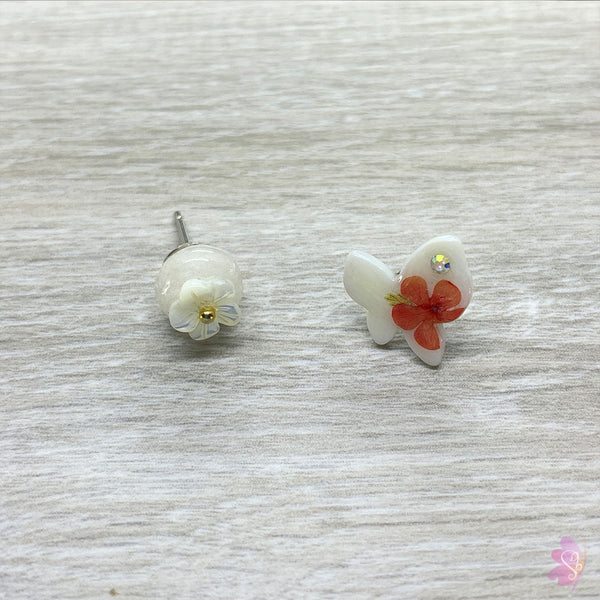 Carved Pearl Flower & Butterfly Post Earrings