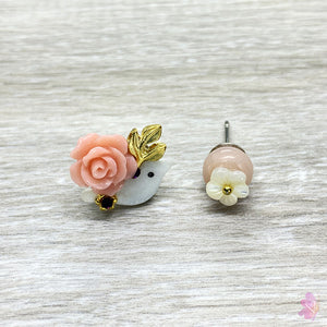 Carved Pearl Flower & Bird Post Earrings