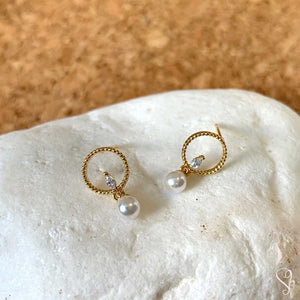 Open Circle & Faux Pearl Stud Earrings