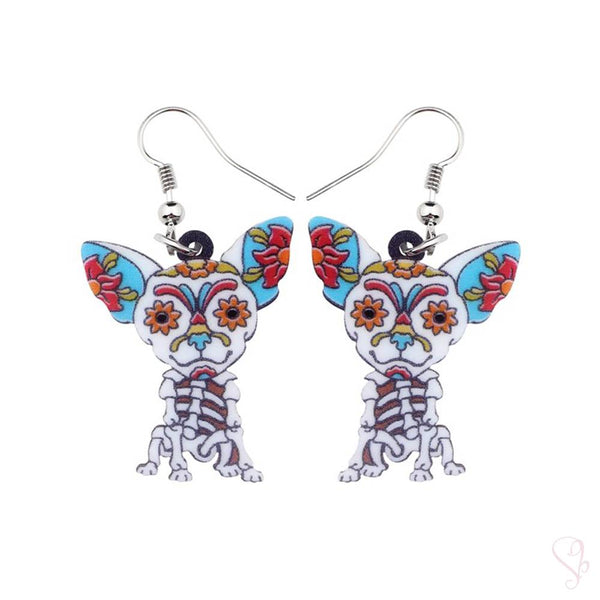 Floral Dog Skeleton Drop Earrings