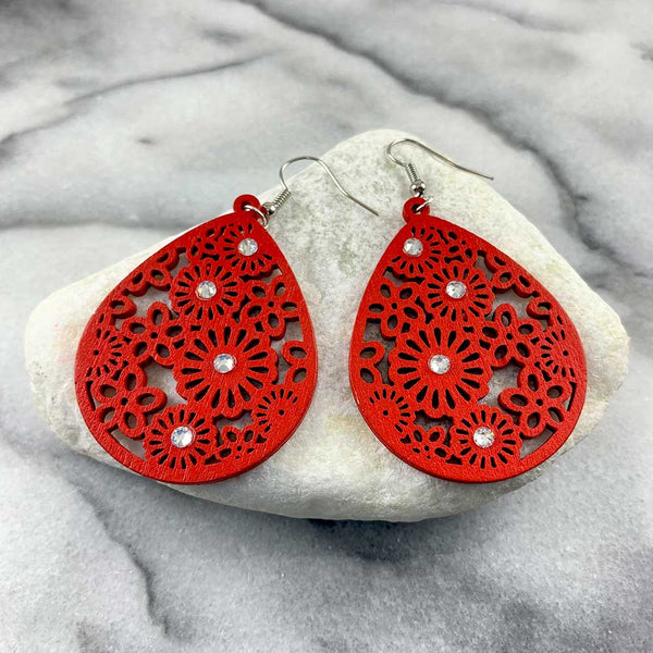 Flower Wood Filigree Teardrop Earrings