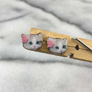 Gray Floral Cat Post Earrings