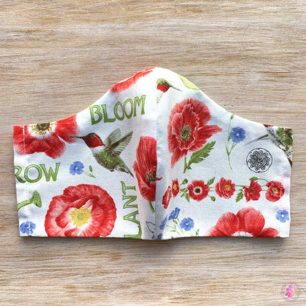 Hummingbirds & Poppy Flowers Handmade Fabric Mask