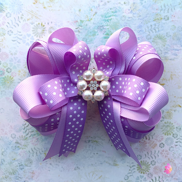 Purple Polka Dots Pearl Flower Layered Hair Bows