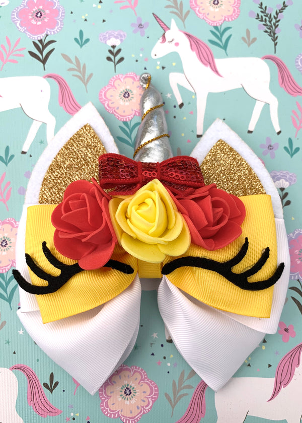 White & Yellow Unicorn Layered Hair Bow