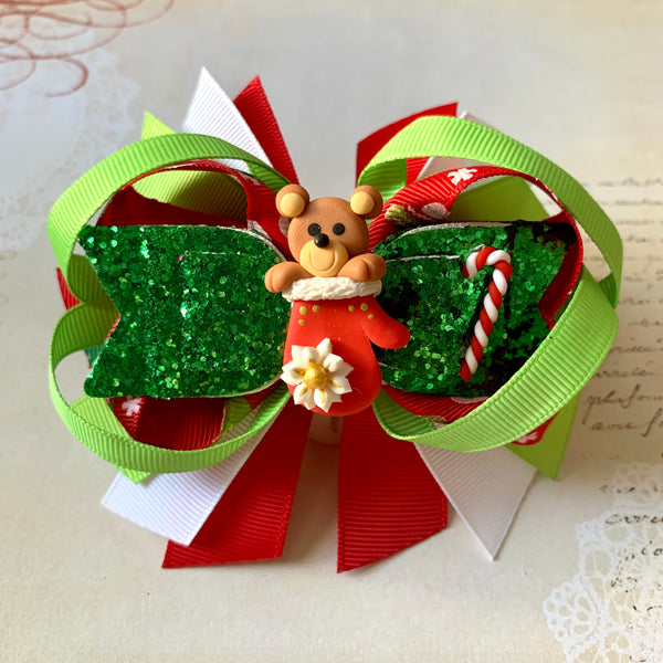 Red Winter Bear Holiday Hair Bow