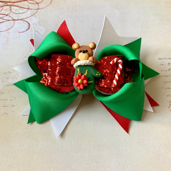 Green Winter Bear Holiday Hair Bow