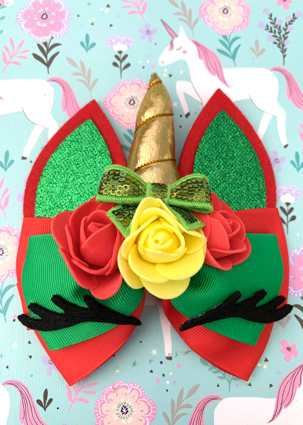 Red & Green Unicorn Layered Hair Bow