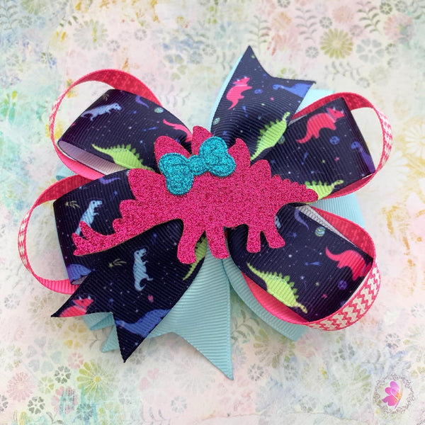 Pink & Blue Dinosaur Hair Bow